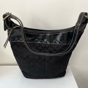 Vintage 2005 Coach Black Signature Canvas Shoulder Bag with Leather Trim